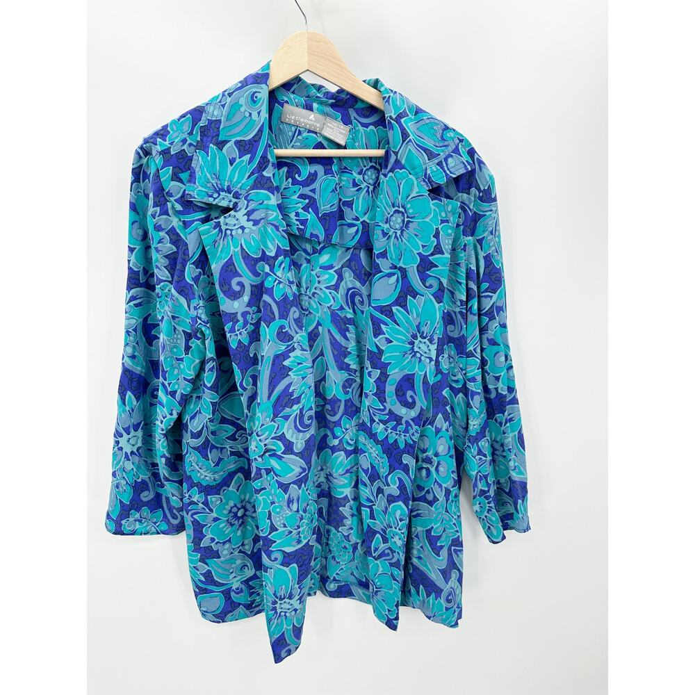 Liz Claiborne Dresses Sweater Women 14 Blue Floral Print Long Sleeve 100% Silk